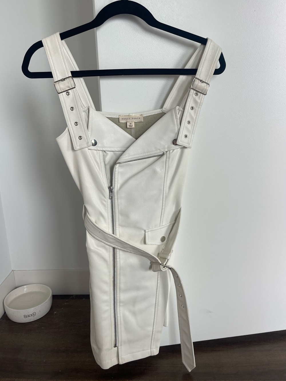 Honey Punch Cream Faux-Leather Moto Mini Dress with Silver Hardware